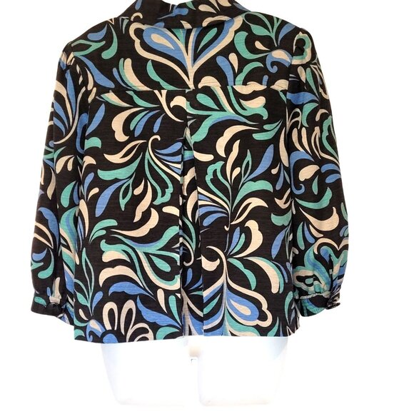 Silk Land Womens Jacket XL Silk Floral Pattern Big Button Lined Blue Black Class - Picture 7 of 9